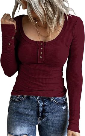 KINLONSAIR Women’s Long Sleeve Henley T Shirts Button Down Slim Fit Tops Scoop Neck Ribbed Knit Shirts at Amazon Women’s Clothing store