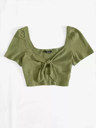 Tie Neck Peekaboo Rib-knit Crop Top | SHEIN USA green