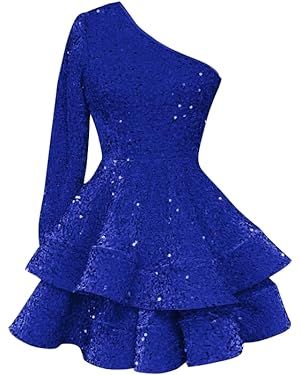 Sparkly Sequin Short Homecoming Dress with Sleeves Royal Blue Above The Knee Puffy Layered Mini Prom Dresses for Teens Size 4 at Amazon Women’s Clothing store