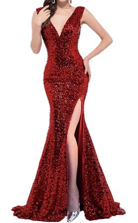 Long slit red glitter sequin dress