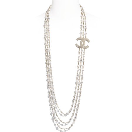 Long Necklace, metal, glass pearls & diamantés, gold, pearly white & crystal - CHANEL