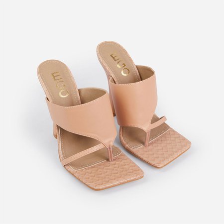 Captivating Woven Detail Square Toe Heel Mule In Nude Faux Leather | EGO