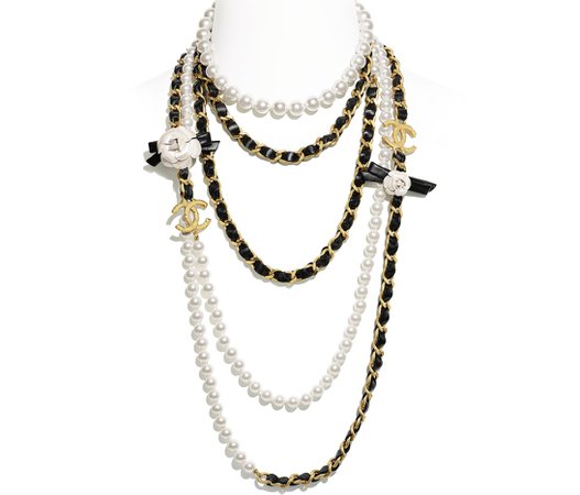 Long Necklace, metal, glass pearls & calfskin, gold, pearly white & black - CHANEL