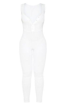 White Soft Rib Button Detail Jumpsuit | PrettyLittleThing