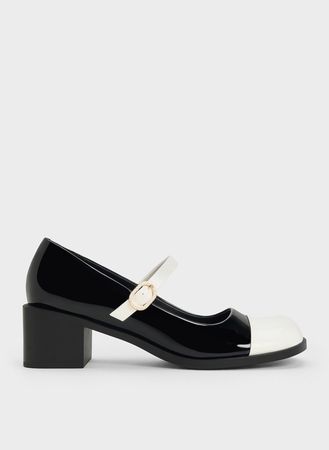 Black Patent Patent Crystal-Embellished Buckle Two-Tone Mary Janes - CHARLES & KEITH US
