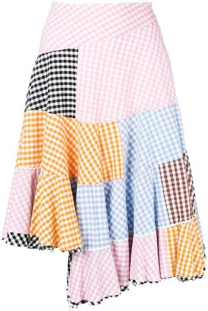 Pre-Owned patchwork gingham asymmetric skirt