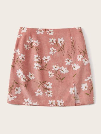 Floral Print Split Hem Cord Skirt | ROMWE