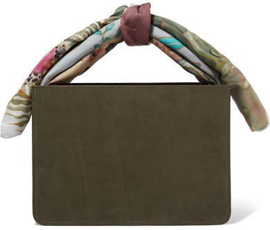 Guaria Printed Satin-trimmed Nubuck And Linen Tote - Army green