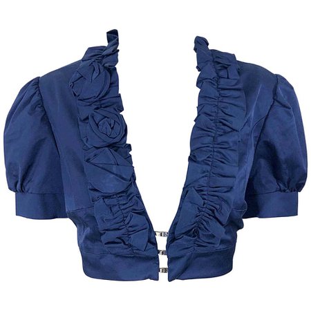 New Flavio Castellani Navy Blue Short Sleeve Rosette Cropped Bolero Jacket Top For Sale at 1stdibs