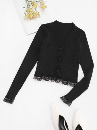 [30% OFF] 2020 Button Up Scalloped Lace Trim Cardigan In BLACK | ZAFUL
