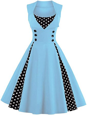 KILLREAL Women's Sleeveless Rockabilly Casual Vintage Party Cocktail Dress with Polka Dot Patchwork Light Blue Small at Amazon Women’s Clothing store