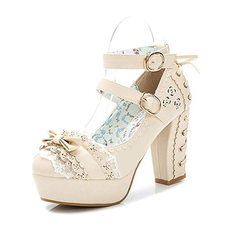 Amazon.com | Japanese Style Sweet Bow Lace Princess Lolita Shoes Lace-up High Heel Buckle Strap Thick Platform Pumps | Pumps