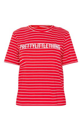 Red PRETTYLITTLETHING Slogan Stripe Tshirt | PrettyLittleThing USA