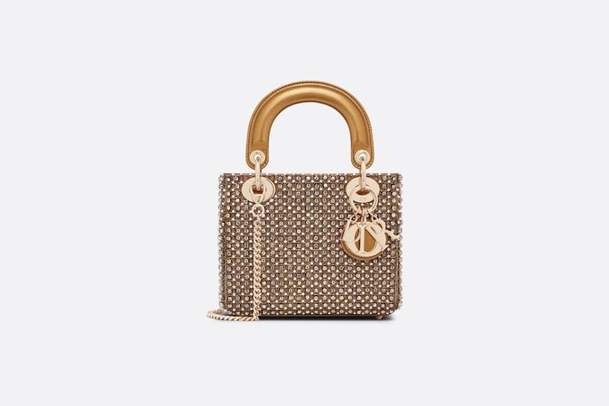 Mini Lady Dior Bag Square-Pattern Embroidery Set with Strass and White Round Beads | DIOR
