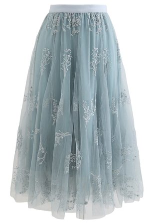 Sequins Embroidered Bouquet Mesh Midi Skirt in Turquoise - Retro, Indie and Unique Fashion