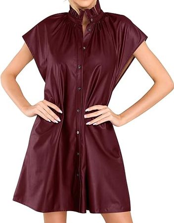 Fisoew Women's Summer Button Down Leather Dress Casual Loose Raglan Short Sleeve Ruffle Collar Mini Dress at Amazon Women’s Clothing store