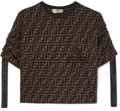 Cropped Printed Cotton-jersey T-shirt - Brown