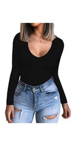 CLOZOZ Long Sleeve Tops for Women Sexy Womens V Neck T Shirts for Women Fitted Shirts Tight Basic Tee at Amazon Women’s Clothing store