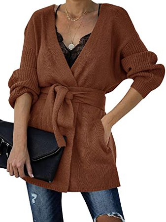 Auburet Womens Wrap Tie Waist Cardigan Sweater Lightweight Oversized Long Sleeve Open Front Knitted Coat with Pockets Army Green at Amazon Women’s Clothing store