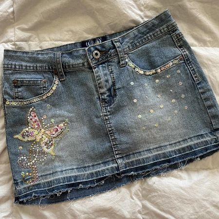 bedazzled micro denim jean skirt with butterfly... - Depop