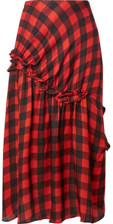 Adrienne Ruffled Checked Silk-jacquard Midi Skirt - Red