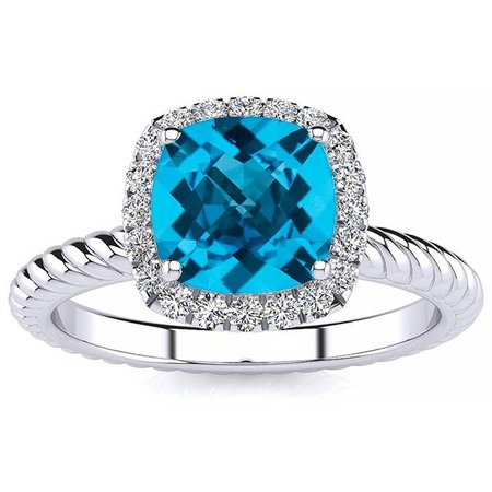 2.00ct Cushion Blue Topaz and Diamond Halo Engagement Ring, November Birthstone Ring,Cocktail Ring, Promise Ring White Gold, Rose Gold. Yellow