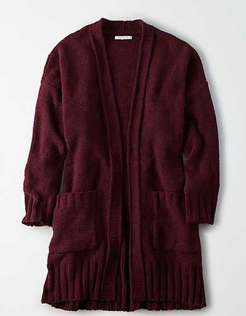 AE Chenille Open Front Long Cardigan burgundy