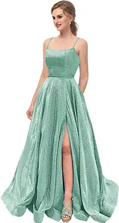 Topfountonart Women's Prom Dresses 2022 Formal Evening Dress Spaghetti Straps Neck Glitter Party Dress with Pockets and Slit Steel at Amazon Women’s Clothing store