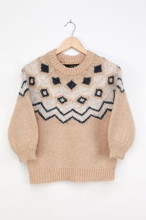 Vero Moda Fair Isle - Tan Knit Sweater - 3/4 Sleeve Sweater - Lulus