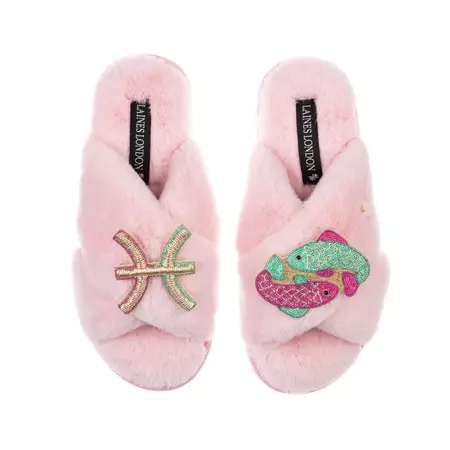 Classic Laines Slippers With Pisces Star Sign Brooches - Pink | LAINES LONDON | Wolf & Badger