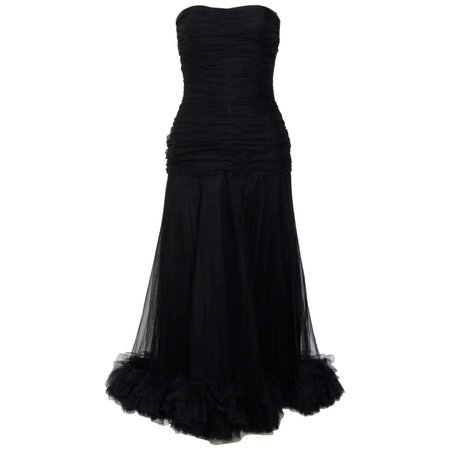 Christian Dior vintage black tulle / silk ruched bustier dress, 1950s For Sale at 1stDibs