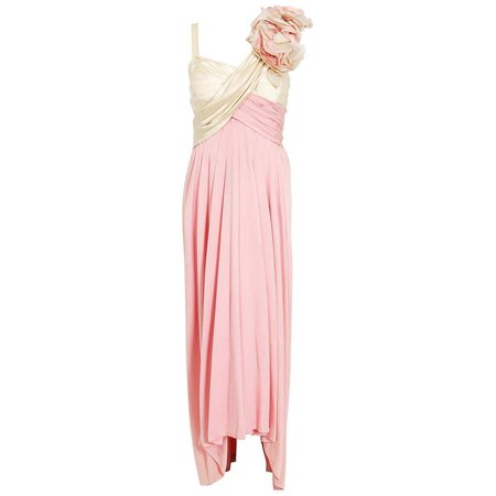 Vintage 1960's Film-Worn Pink Silk and Ivory Satin Floral Appliqué Draped Gown For Sale at 1stDibs