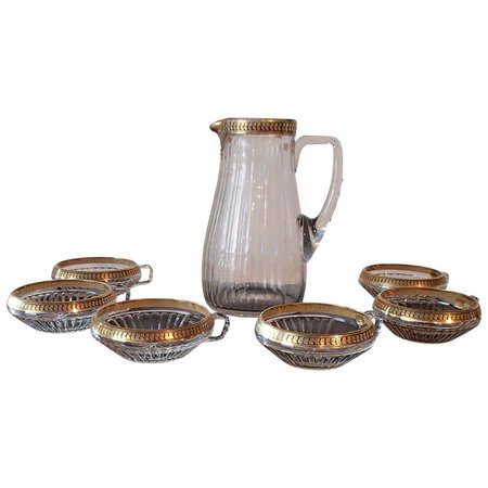 1920 Bohemian Crystal Set of Six Cups and Jug Gold Leaf Paint For Sale at 1stDibs