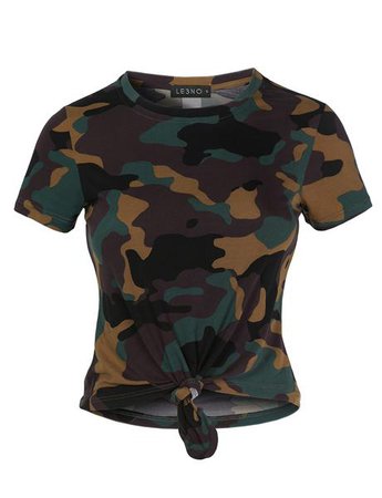 LE3NO Womens Casual Round Neck Short Sleeve Camo Print Crop Top With Front Tie Detail | LE3NO green