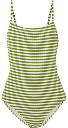 The Nina Striped Ribbed Stretch-knit Swimsuit - Green