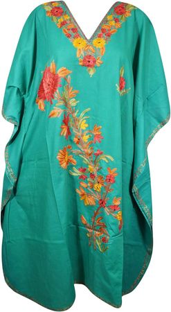 Women Caftan Dress, Cotton Embroidered Sea Green Leisure Wear, Party, Stylish Hostess Dresses, L-2X at Amazon Women’s Clothing store
