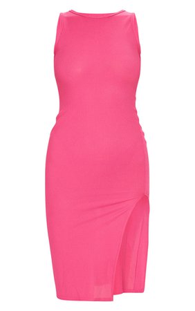 Hot Pink Ribbed Split Detail Midi Dress | PrettyLittleThing USA