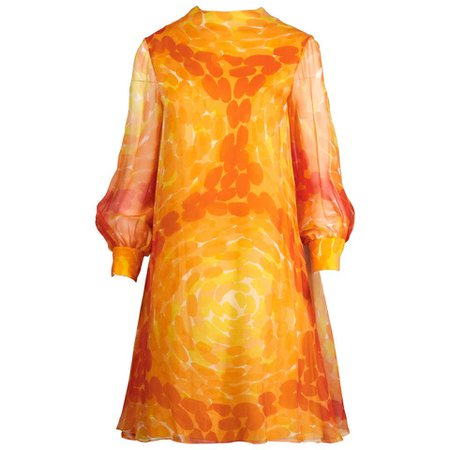 Pab 1960s Vintage Screen Print Silk Chiffon Mod Dress in Yellow and Orange For Sale at 1stdibs