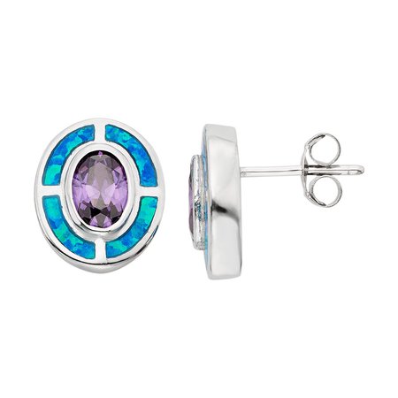 Cubic Zirconia & Lab-Created Blue Opal Sterling Silver Oval Stud Earrings