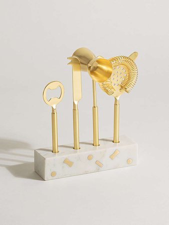 Gold & White Marble Bar Tools Set of Four | Oliver Bonas