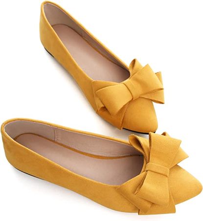Amazon.com | SAILING LU Bow-Knot Ballet Flats Womens Pointy Toe Flat Shoes Suede Dress Shoes Wear to Work Slip On Moccasins Yellow Size 8 | Flats