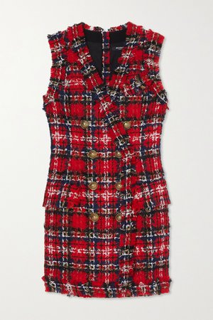 Red Frayed checked tweed mini dress | Balmain | NET-A-PORTER