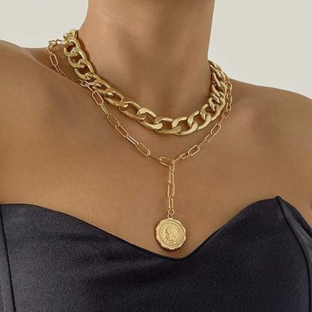 JWICOS Gold Boho Cuban Chunky Necklace Layered Dainty Paperclip with Coin Pendant Choker Chain for Women and Girls (Gold)