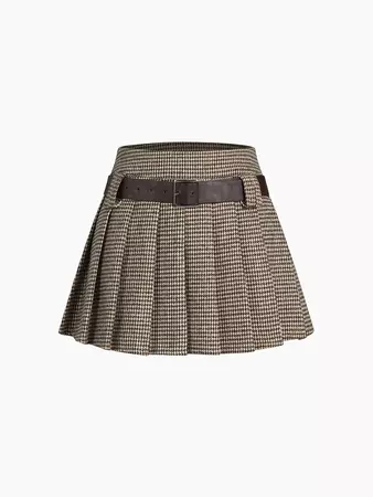 Houndstooth Belted Pleat Skirt – COMMENSE