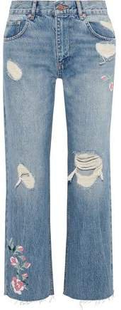 Embroidered Distressed High-rise Straight-leg Jeans