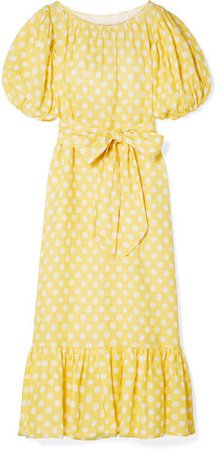 Belted Polka-dot Linen Maxi Dress - Pastel yellow