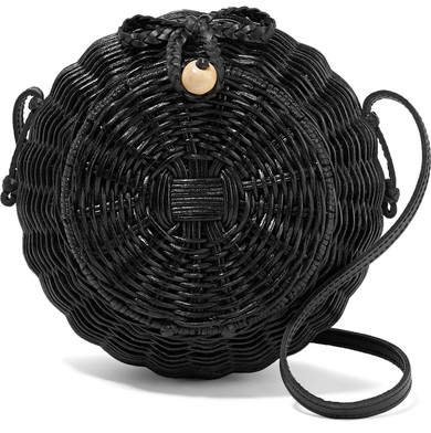 Pomme Leather-trimmed Wicker Shoulder Bag - Black