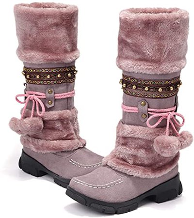 Amazon.com | gracosy Mid Calf Winter Boots, Rhinestone Slip On Mid Calf Warm Knight Boots Beige 5 M US | Mid-Calf
