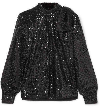 Tie-detailed Sequined Crepe Blouse - Black