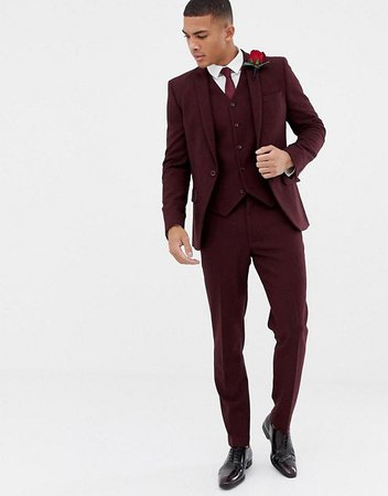 ASOS DESIGN wedding skinny suit in burgundy wool mix herringbone